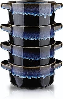 KOOVÂ Porcelain Soup Bowls With Handles Microwave Safe, Soup Bowls Large, 24 Ounce for Soup, Cereal, Stew, French Onion Soup Bowls, Reactive Glaze Set of 4 (Nebula Blue)