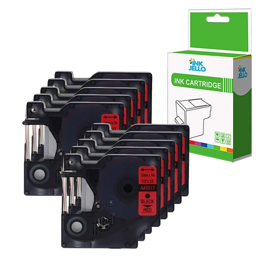InkJello Compatible Label Tape Replacement for Dymo LabelManager 100 120P 150 160 200 210D 220P 260P 280 300 350 350D 360D 400 420P 450 45017 1/2" (12mm) (Black on Red 10-Pack)