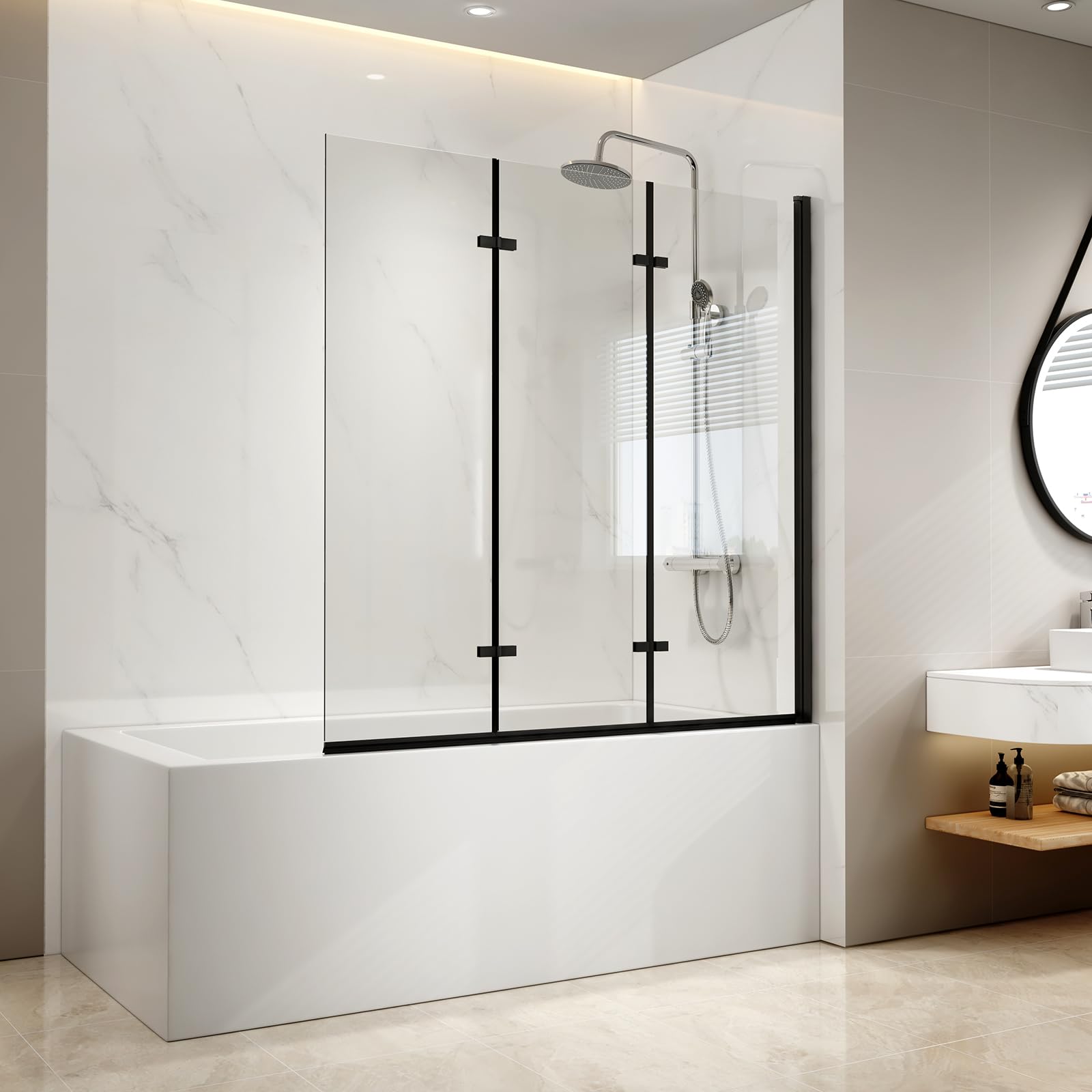 EMKE Schwarze Duschwand für Badewanne, 130x140 cm, 3-teilig klappbar, Badewannentrennwand 6 mm, Sicherheitsglas Wannenaufsatz
