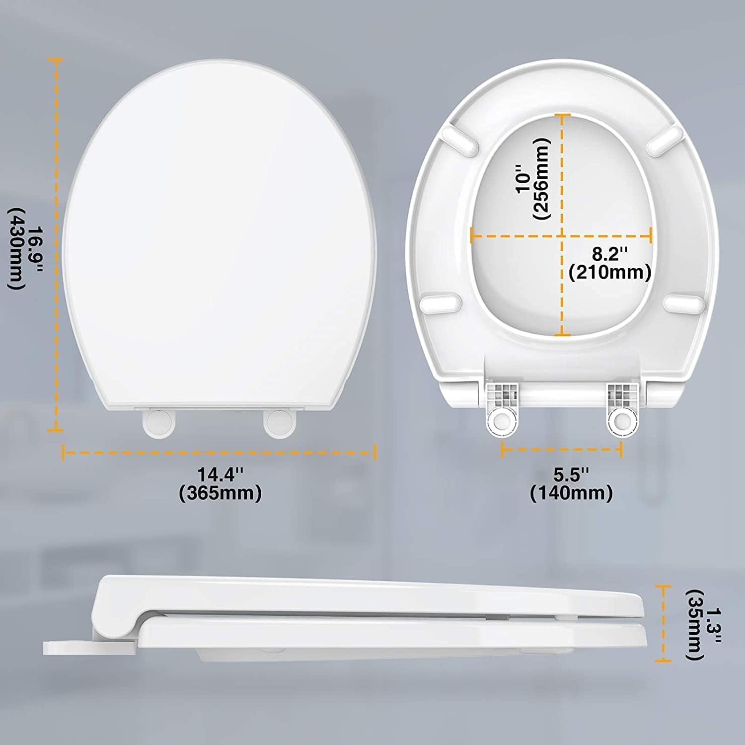 Round Toilet Seat Slow Quiet Close Seat Cover Fit Standard Round Toilet White Toilet Seat with Metal Inserts Easy to Install, Non-slip Seat with Rubber Bumpers Provides Comfort Relieves Pressure Point