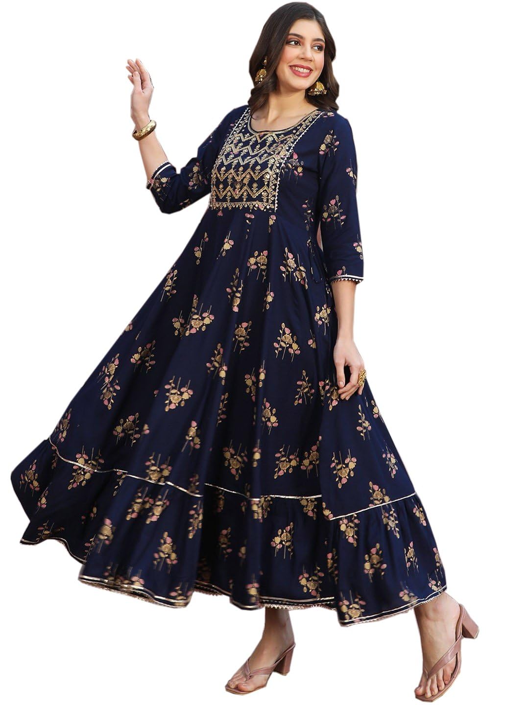 Women’s Anarkali Long Gown Kurti with Gold Print & Embroidery – Ethnic Flared Dress for Girls Casual Wear Women’s Anarkali Long Gown Kurti with Gold Print & Embroidery – Ethnic Flared Dress for Girls Casual Wear