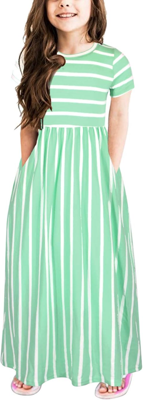 GORLYA Girl's Short Sleeve Floral Print Loose Casual Long Maxi Dress with Pockets 4-12 Years