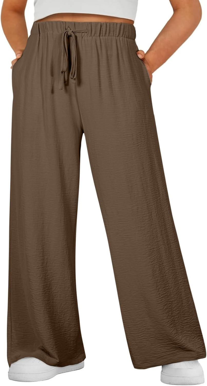 Eytino Womens Plus Size Pants Summer Elastic High Waist Drawstring Casual Loose Wide Leg Trousers Pants with Pockets(1X-5X)