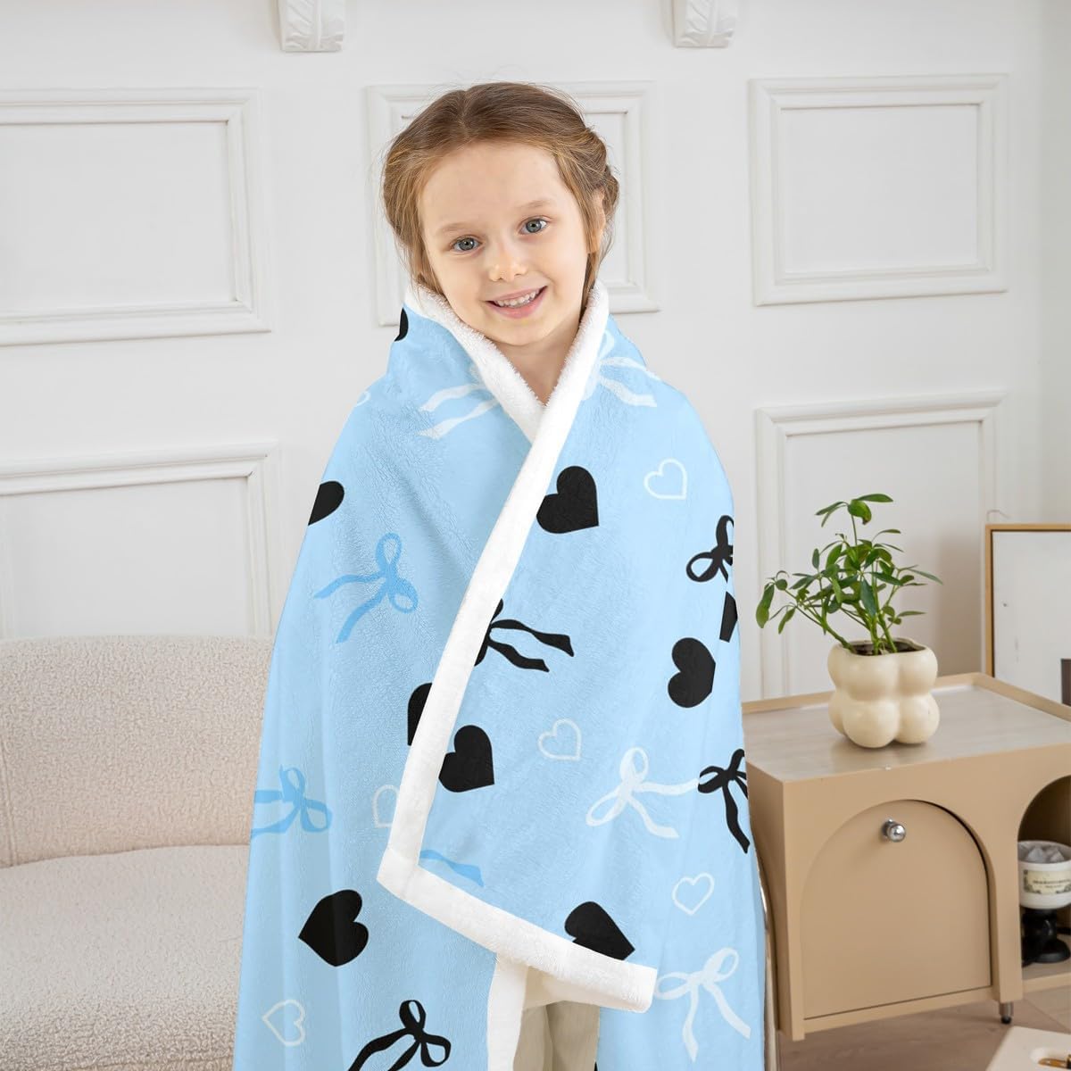 jejeloiu Bow Tie Fleece Throw Blanket 40"x50" Heart Love Sherpa Blanket Plush Fuzzy for Kids Boys Girls Decor Bow Blue Black and White Romantic Bedroom Decor