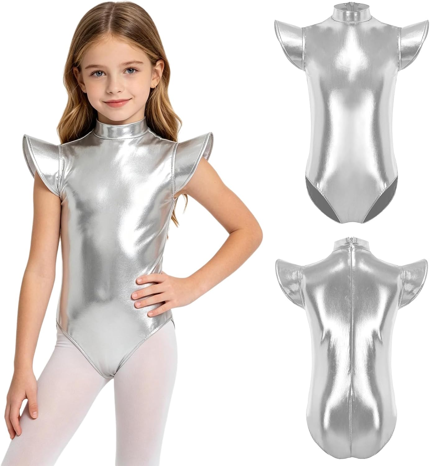 TiaoBug Girls Metallic Unitard One Piece Dance Outfit Mock Neck Bodysuit Flying Sleeve Jumpsuit for Sports