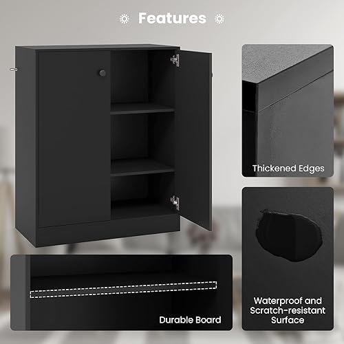 Miniatura 9 de Giantex Gabinete de base de almacenamiento de 2 puertas, armario de piso independiente con estante de 3 niveles, almohadillas antideslizantes para