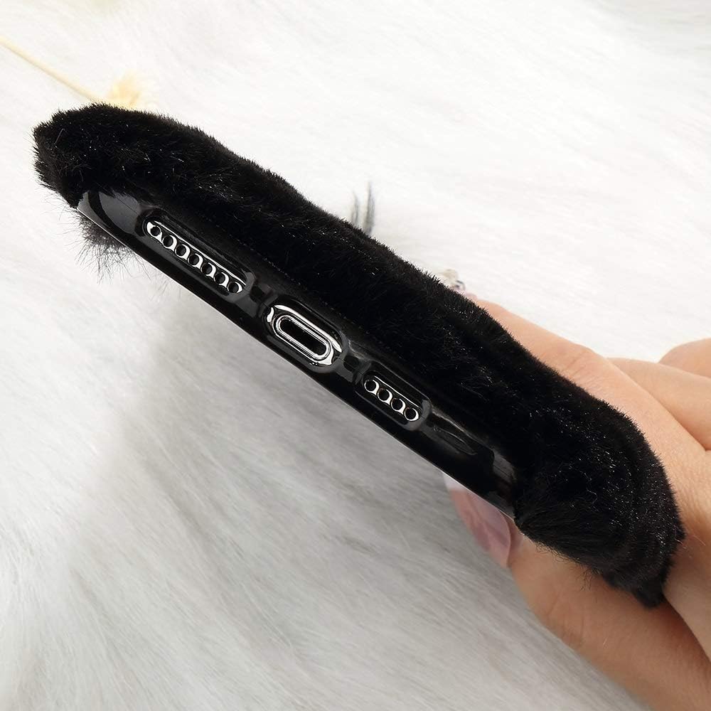 LLZ.COQUE for iPhone 11 Case Cute Case Girls Furry Faux Fur Case Flexible Silicon Soft Fluffy Shockproof Bumper Cover with Chic Bling Crystal Diamond Bowknot Case for iPhone 11, Black