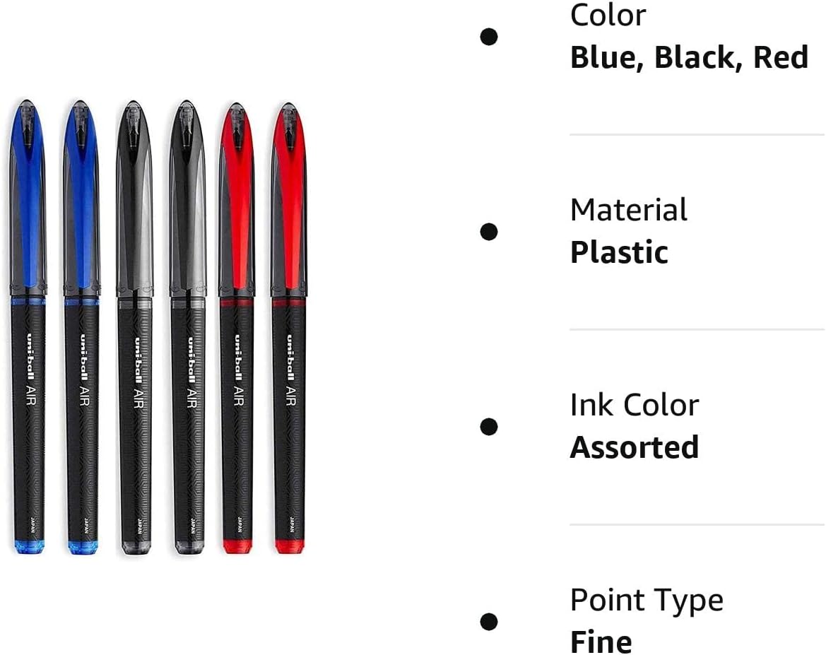 Uni-Ball AIR Micro - 0.5mm Fine Rollerball - Pack of 6 Pens - 2 Black, 2 Blue and 2 Red (BusinessCollors), Packing may vary