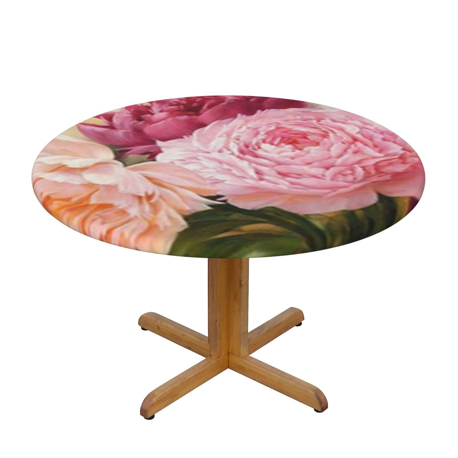Ffshkowe Peony Flowers Blossom Elastic Round Tablecloth Oil Proof Table Cover For Dining Party Picnic