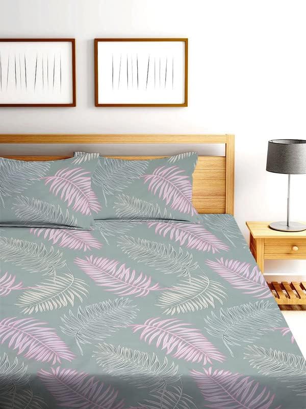 Image of NHD HOME Premium Cotton Floral Elastic Fitted Bedsheets with 2 King Size Pillow Covers | Double Bed with All Around Elastic 220 TC Supersoft |Size -72 King Sizex78+10 inches | Light Green & Pink