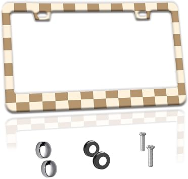 Beige Brown Checkered License Plate Frame Fashion Funny Aluminum License Plate Holder Car Tags Decorative Car Accessories with Screws for Women Men Fit Standard Us Canada Vehicles 12.3x6.3 inch