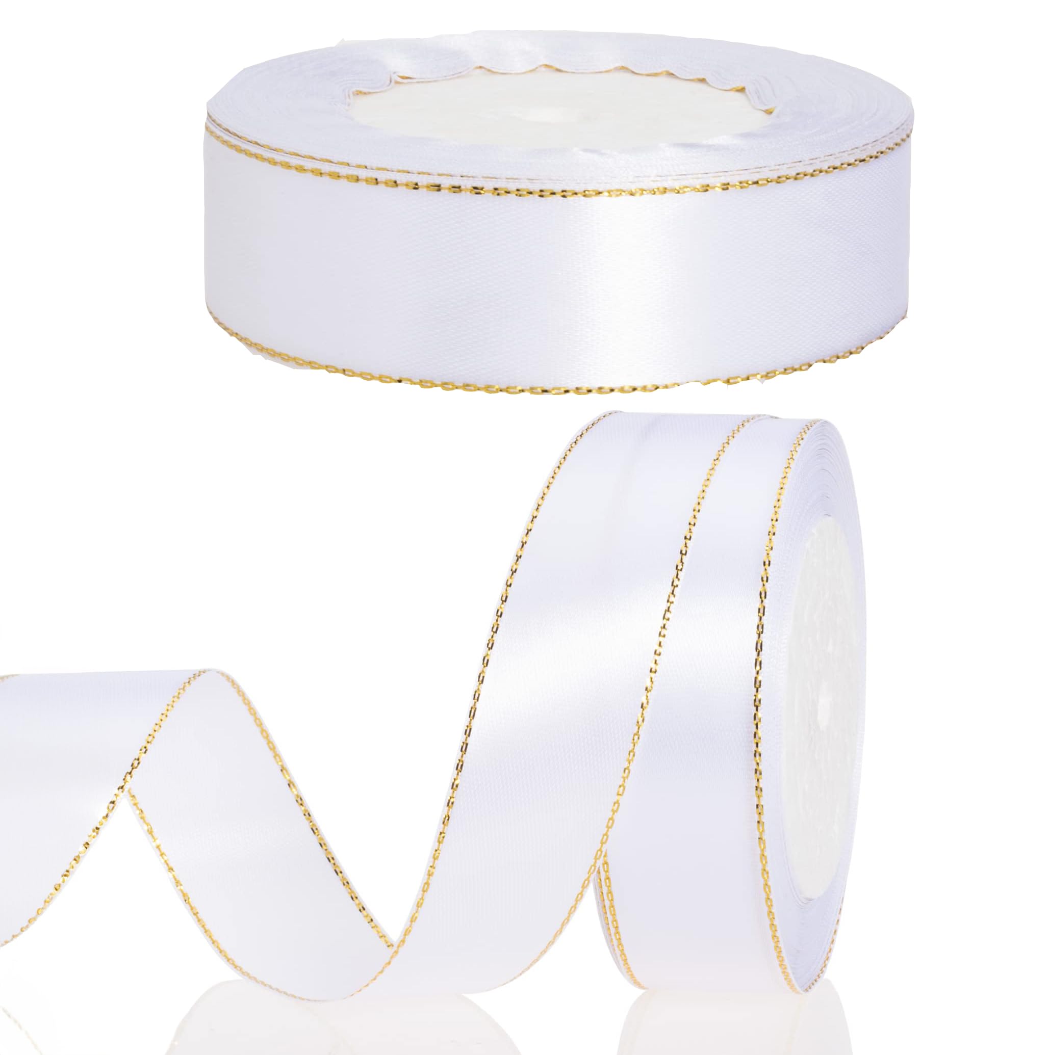 Sponsored Ad – 2 Roll 25 Yards 1 Inch White Satin Ribbon with Gold Edges - Gold Border Fabric Ribbon for Gift Wrapping and Crafts
