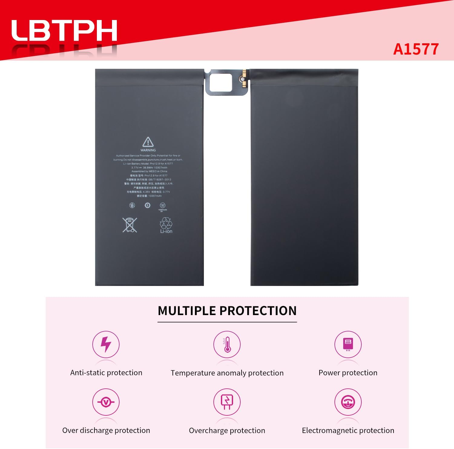 A1577 Battery Compatible for iPad Pro 12.9” 1st Gen Wi-Fi/Cellular A1584 A1652 020-00016 ML0F2LL/A ML0F2B/A ML0F2CL/A ML0F2FD/A ML0F2TY/A ML0G2LL/A ML0G2B/A ML0G2CL/A ML0G2FD/A ML0G2TY/A 38.8Wh