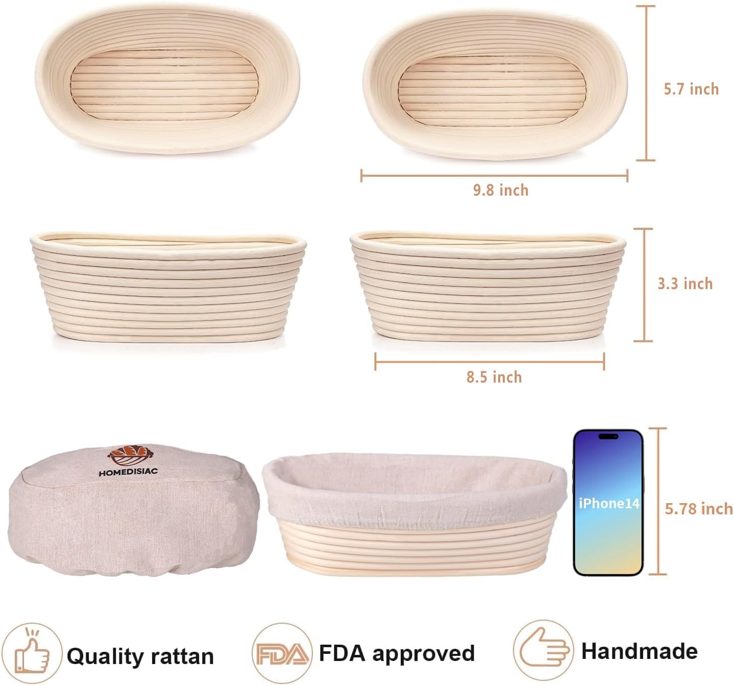 Banneton Bread Proofing Basket Set of 2, 10 Inch Oval Sourdough Bread Baking Supplies, Bread Making Starter Kit, Proofing Baskets for Baking, Perfect Baker's Gift Set