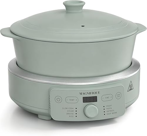 MAGNIFIQUE Slow Cooker, 4.5 Quart 8-in-1 Clay Pot Multi-Cooker, Non-Toxic Slow Cooker with Removable Clay Pot, for Rice, Pasta, Steam & Proof, Nonstick, Oven Safe Pot to 500°F, Olive