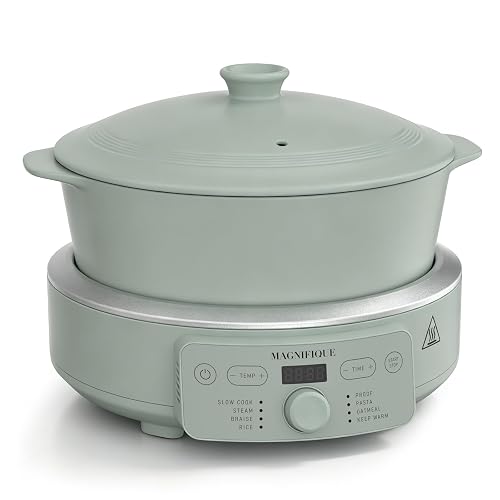 MAGNIFIQUE Slow Cooker, 4.5 Quart 8-in-1 Clay Pot Multi-Cooker, Non-Toxic Slow Cooker with Removable Clay Pot, for Rice, Pasta, Steam & Proof, Nonstick, Oven Safe Pot to 500°F, Olive - 4.5 Quarts - Olive