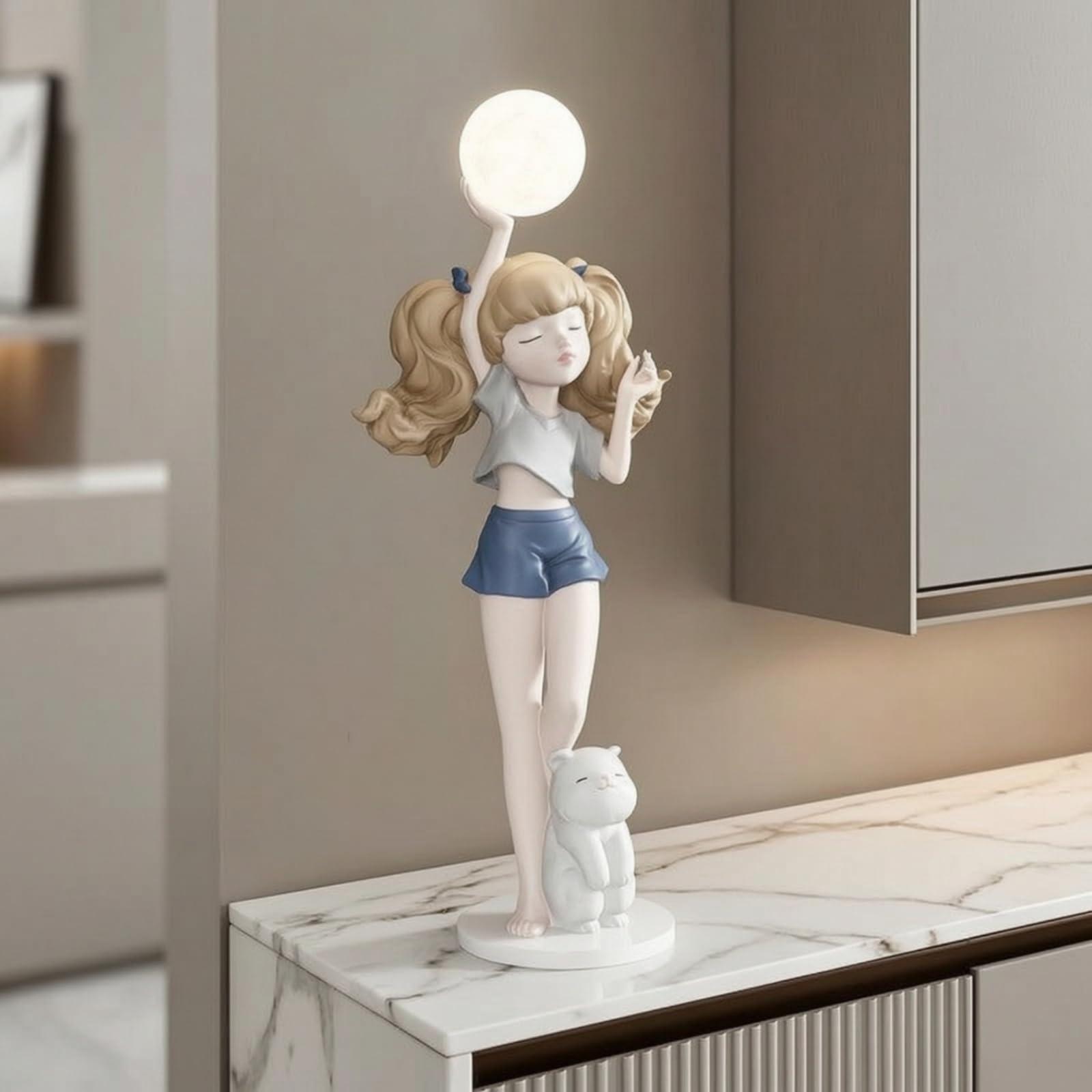 TISHITA Lámpara Figura de Chica Escultura Estatua Luz de Mesa con Toque Artístico y Brillo Ambiental Suave Material Resistente de Fibra de Vidrio con Gato en, Azul, 62cm 27cm