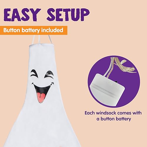 Miniatura 4 de JOYIN 3 unidades de bandera de fantasma iluminada de 47 pulgadas, decoración de Halloween, luces LED para exteriores, calcetines de viento colgantes