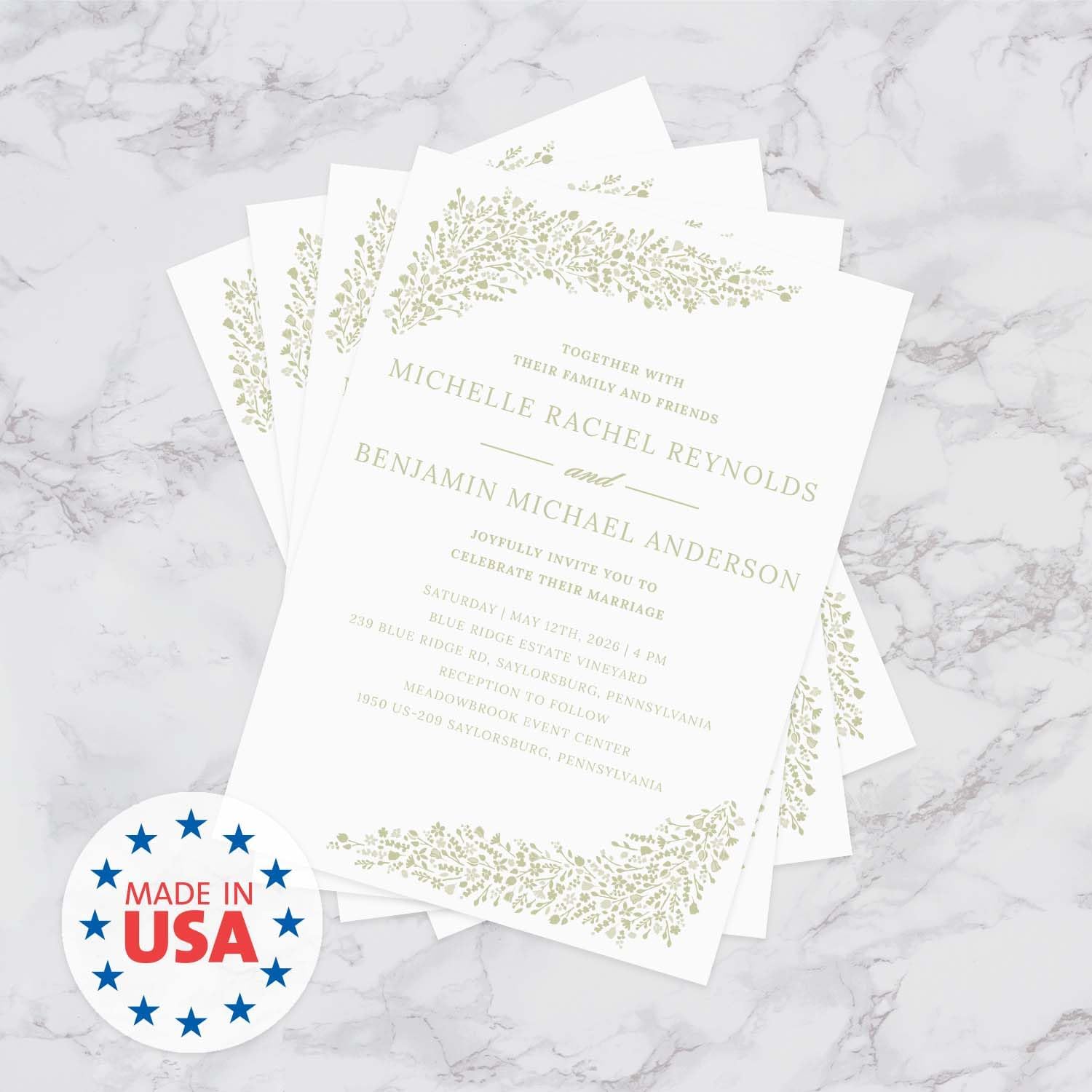 Personalized Dainty Sage Floral Invitations / 25 Custom Modern Pastel Greenery Flower Wedding Invites With White Envelopes / 5" x 7" Flat Botanical Anniversary Party Invites / Made In The USA