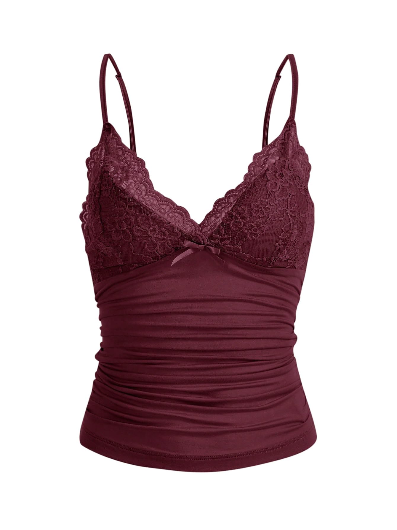 GORGLITTER Damskie ramiączka typu spaghetti Y2k Camisole Top Crop Top z dekoltem w serek z kontrastową koronką