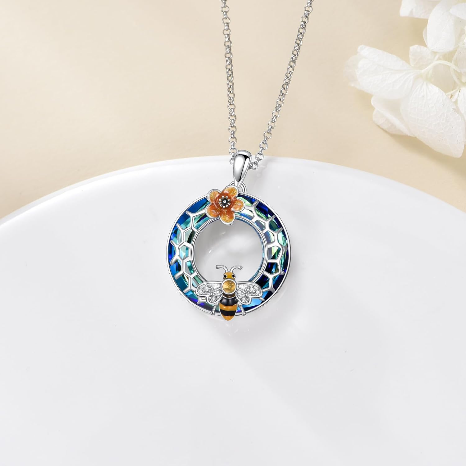 925 Sterling Silver Bee Necklace for Women, Crystal Bee Pendant Necklace Valentine's Day Birthday Mothers Day Graduation Animal Jewelry Gifts for Her Mom Girlfriend Daughter 18+2" - Image 2