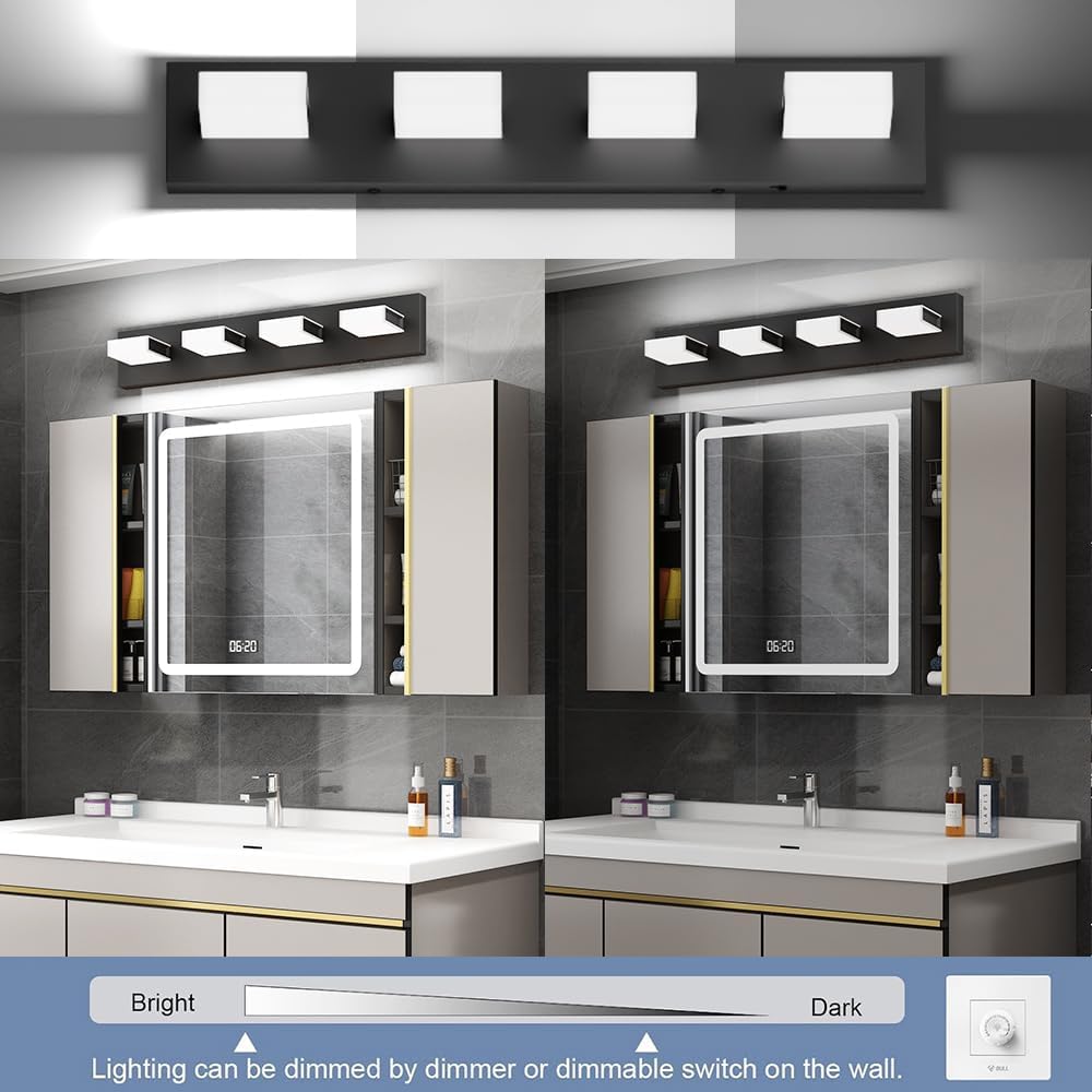 Aipsun 5 Color Temperature 4 Lights Black LED Vanity Lights Dimmable Acrylic Modern Matte Black Bathroom Vanity Lighting Fixtures Bathroom Wall Light Fixtures Over Mirror