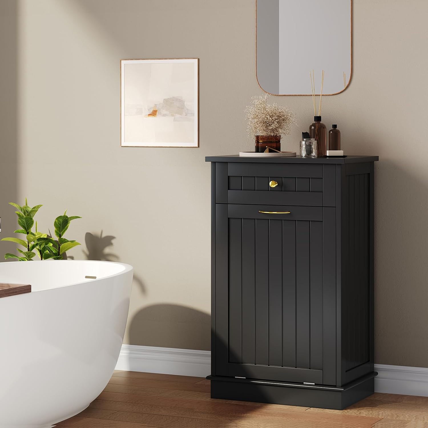 Black Tilt Out Trash Can Cabinet, 10Gallon Hidden Garbage Storage Cabinet with Deodorizing Design, Kitchen Trash Cabinet with Freestanding Trash Bin Cabinet for Home, Kitchen, Bathroom