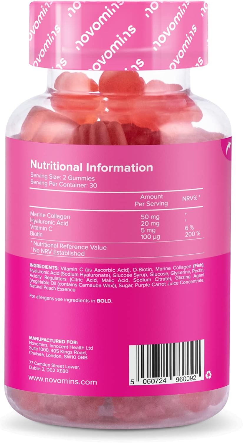 Collagen Gummies – Hydrolysed Marine Collagen for Women and Men – Anti Aging, Hair Growth, Skin Care & Strong Nails Protein Collagen Supplements – Collagen Gummy Vitamins - Made by Novomins