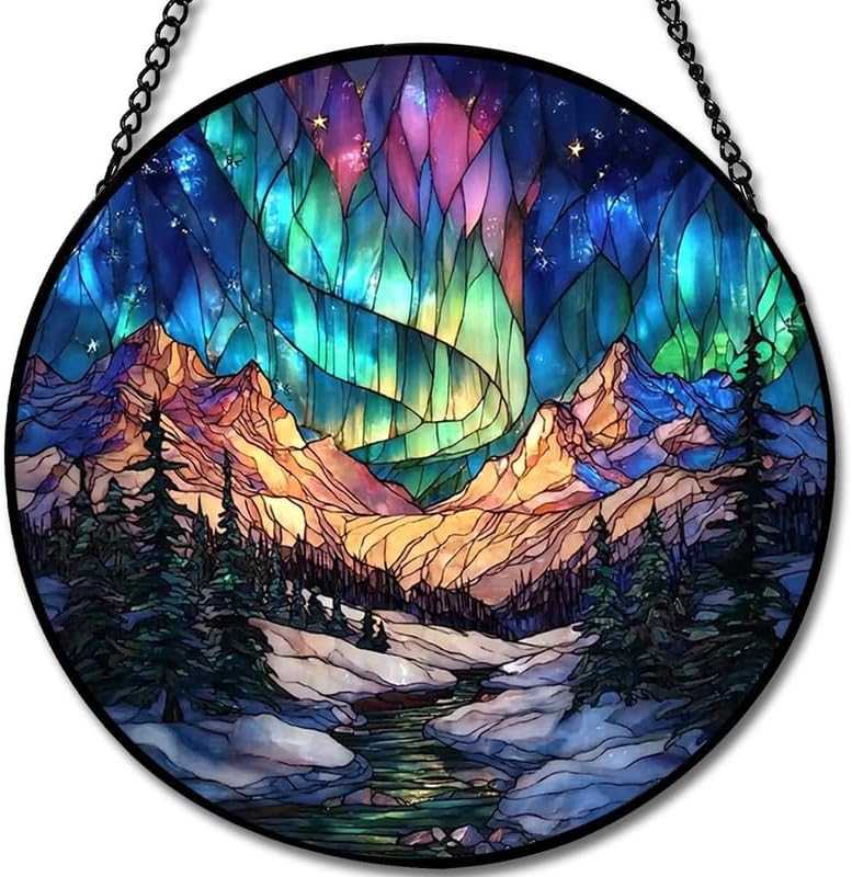 Northern Lights Stained Glass Window Hanging - Sun Catchers Indoor Window Stained Glass Panels Wall Decor for Mom，Wife，Lovers 11.8in