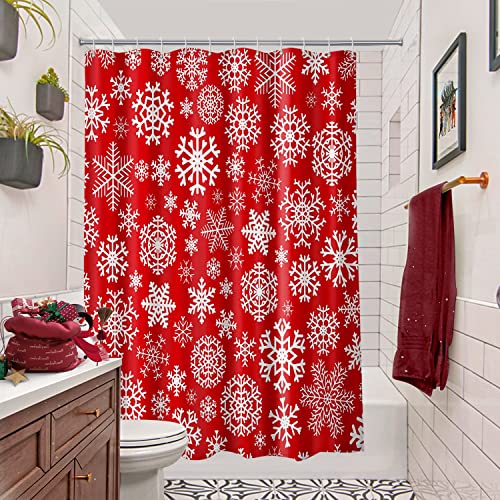 Broshan Christmas Red Shower Curtain, Christmas Holiday Shower Curtains For Bathroom, Xmas Winter Snowflakes Shower Curtain With Hooks #TOP1