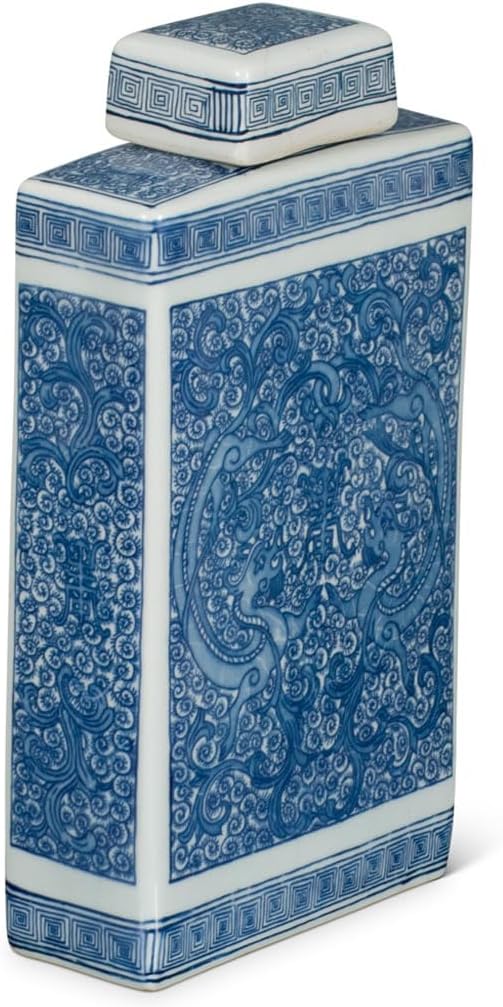 ChinaFurnitureOnline Blue and White Floral Rectangular Porcelain Chinese Tea Jar