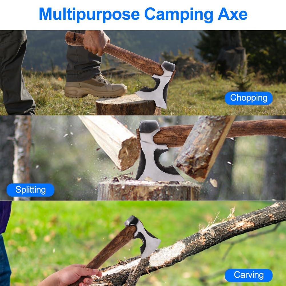 Ascia da Campeggio, Accetta Compatta Bushcraft con Fodero in Pelle e Pietra per Affilare per Sopravvivenza All'aperto Giardinaggio Intaglio del Legno, Manico in Legno