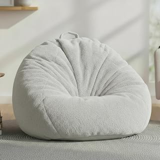 Faux Rabbit Fur Bean Bag Chair Cover Only (No Filler), Stuffed Animal Storage Bean Bag Cover, Ultra‑Soft, Washable, Zippered, Non‑Slip Bottom, Handle,Living Room Furniture for Adults Grey