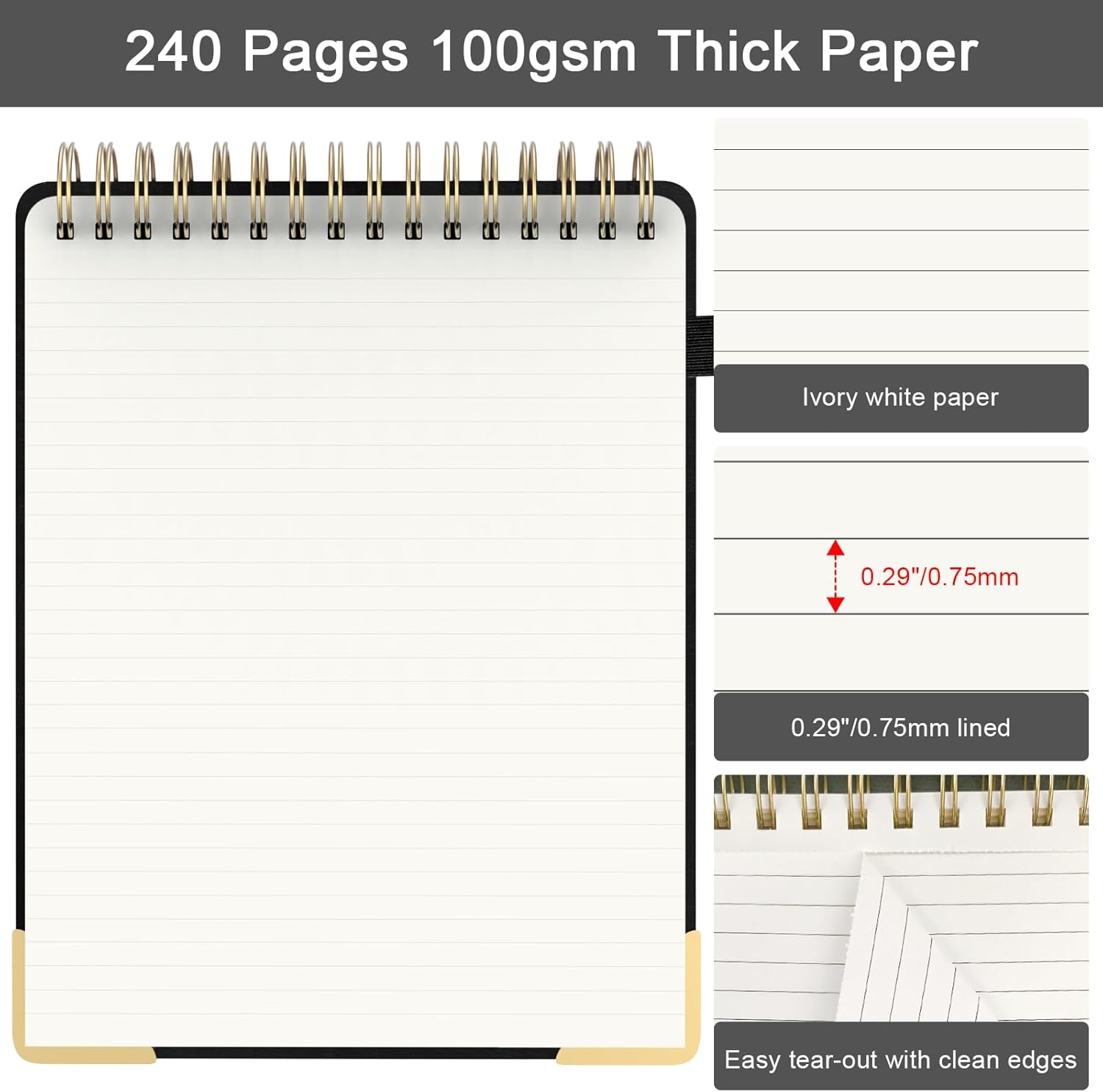 A4 Top Spiral Notebook, Large Leather Hardcover Top Bound Steno Pads, 240 Pages 100 gsm Thick Lined Paper Left Handed Notebook Journal for Work, School, Meeting Writing - Black, 8.5" x 11" - Image 4