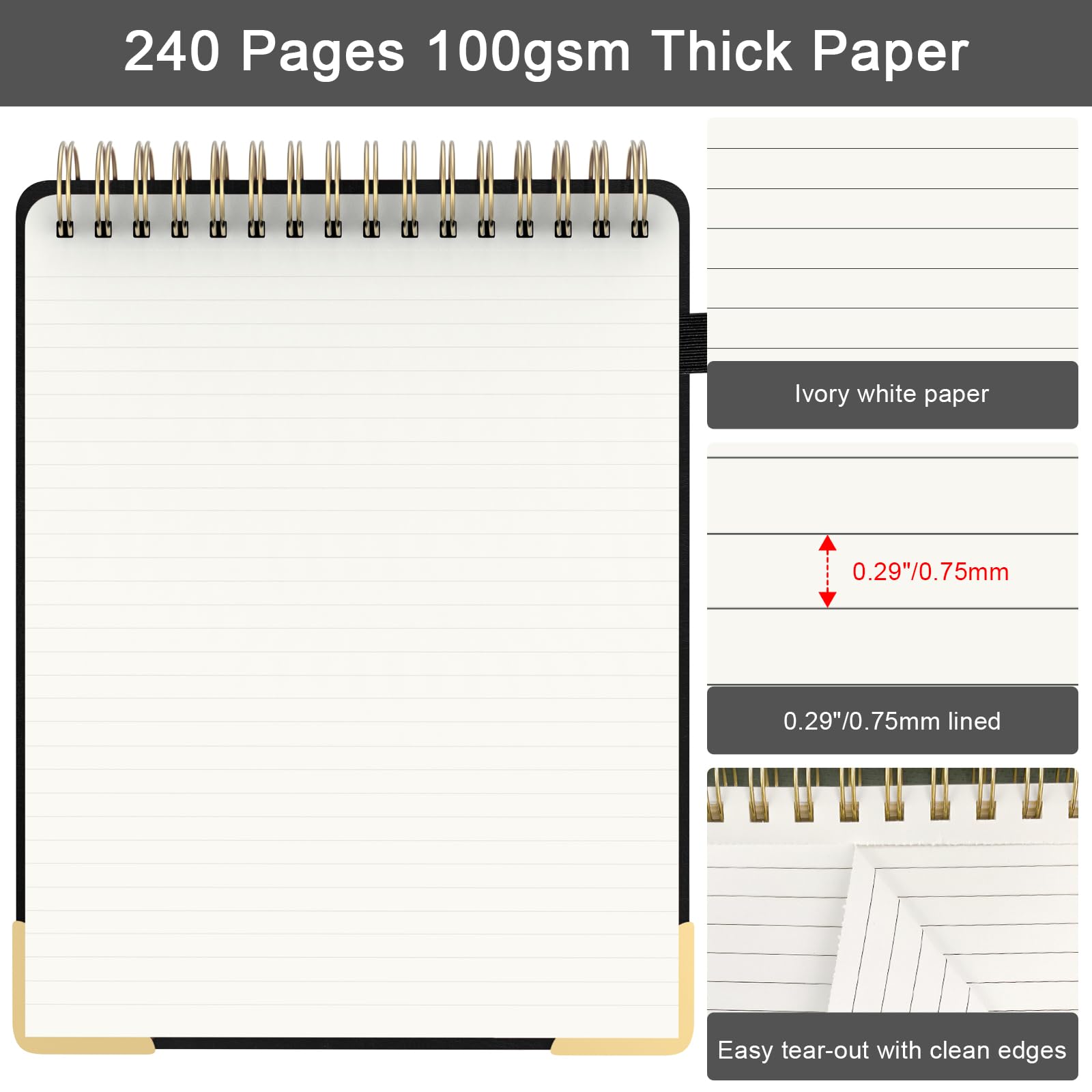 Mousbull Carnet à spirales A4 en cuir de 240 pages pour le travail, 21,6 x 27,9 cm, papier épais de 100 g/m², pour gaucher - Pour bureau, collège, école - Noir