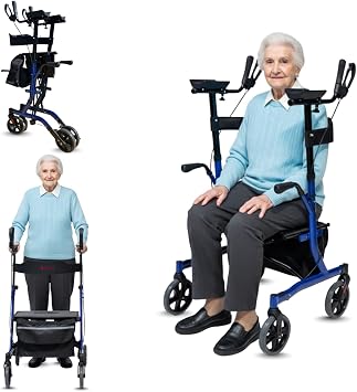 Compact All Terrain Rollator Walker with Seat - Foldable Lightweight Outdoor Rollator Walker w/ 8" Non-Pneumatic Tire Front Wheels & Ergonomic Seat Blue