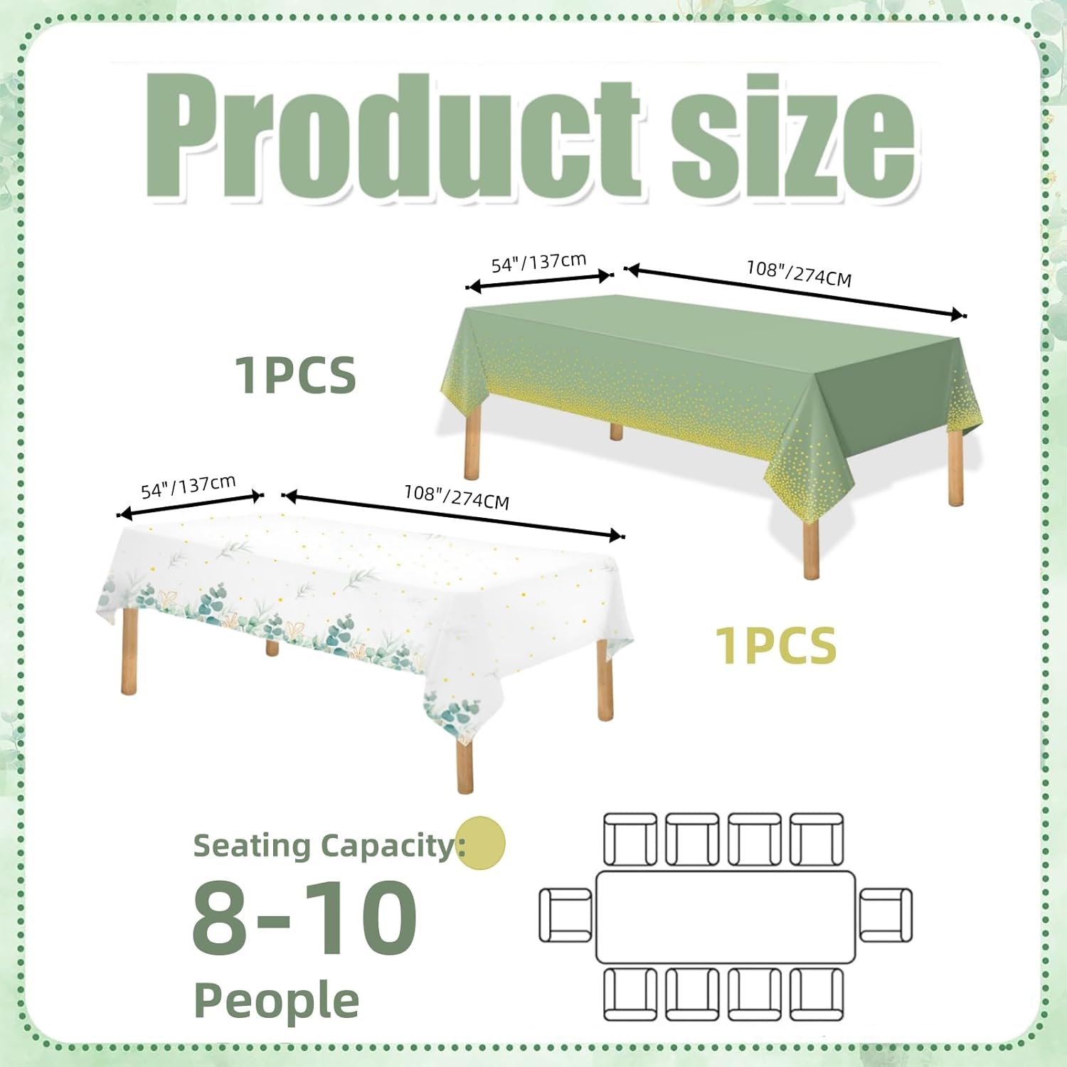 OQOQ Sage Green and Gold Party Table Cloth(2 Packs), 54x108 Inch Sage and Gold Dot Disposable Tablecloth Plastic Rectangle Table Cover for Baby Shower Birthday Wedding Party Decorations