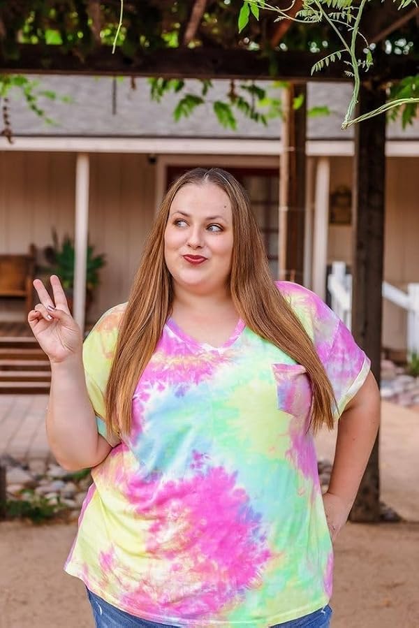 TIYOMI Plus Size Tops for Women V Neck Short Sleeve T Shirts Basic Raglan Tie-dye Tee Spring Summer Casual Tunic Oversized Ladies Blouse with Pocket Tie-dye Colorful 3XL 20W 22W by TIYOMI - Used condition - US$16.42