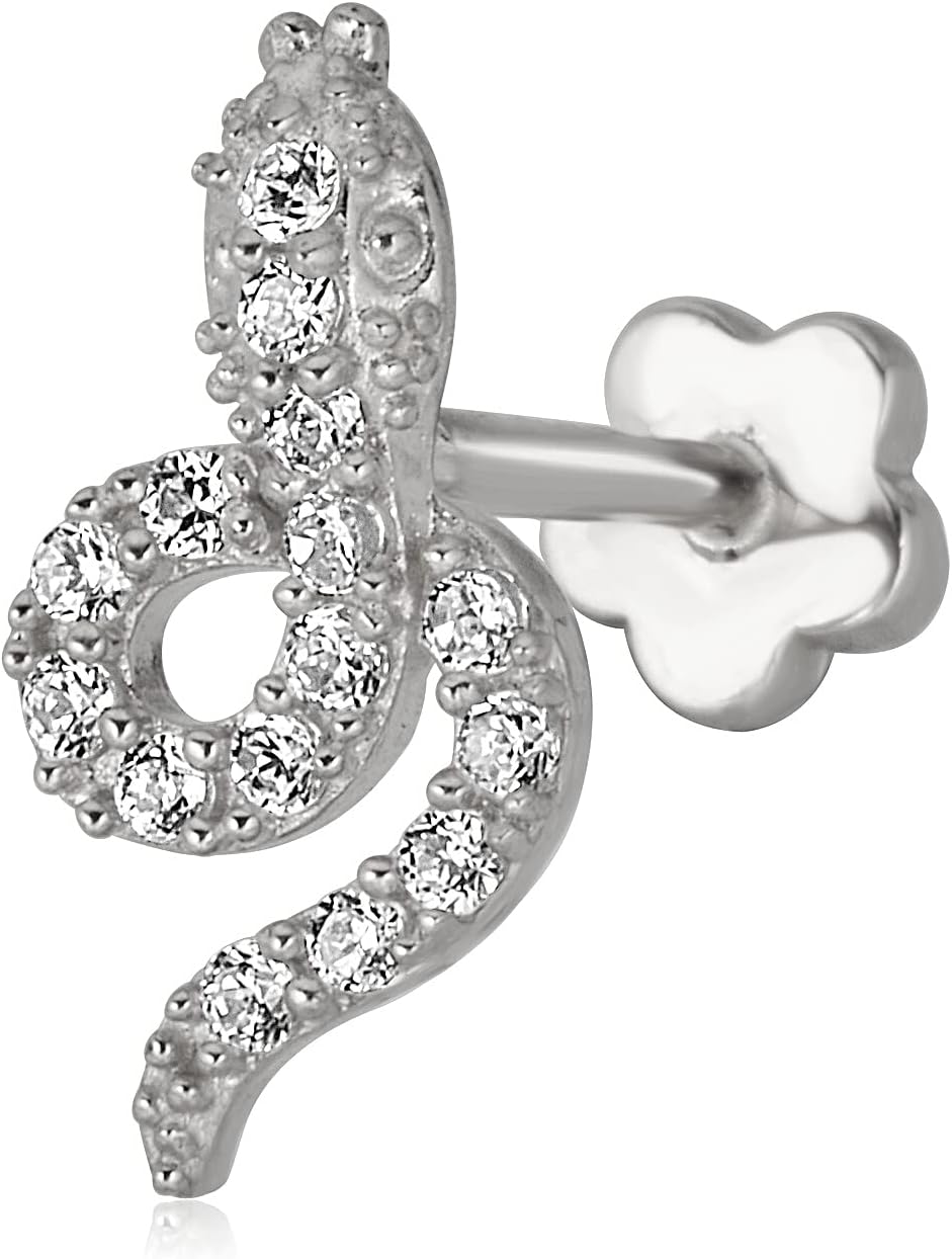 AVORA 14K Gold Simulated Diamond CZ Snake Cartilage Piercing Flat Back Earring Body Jewelry (18 Gauge)