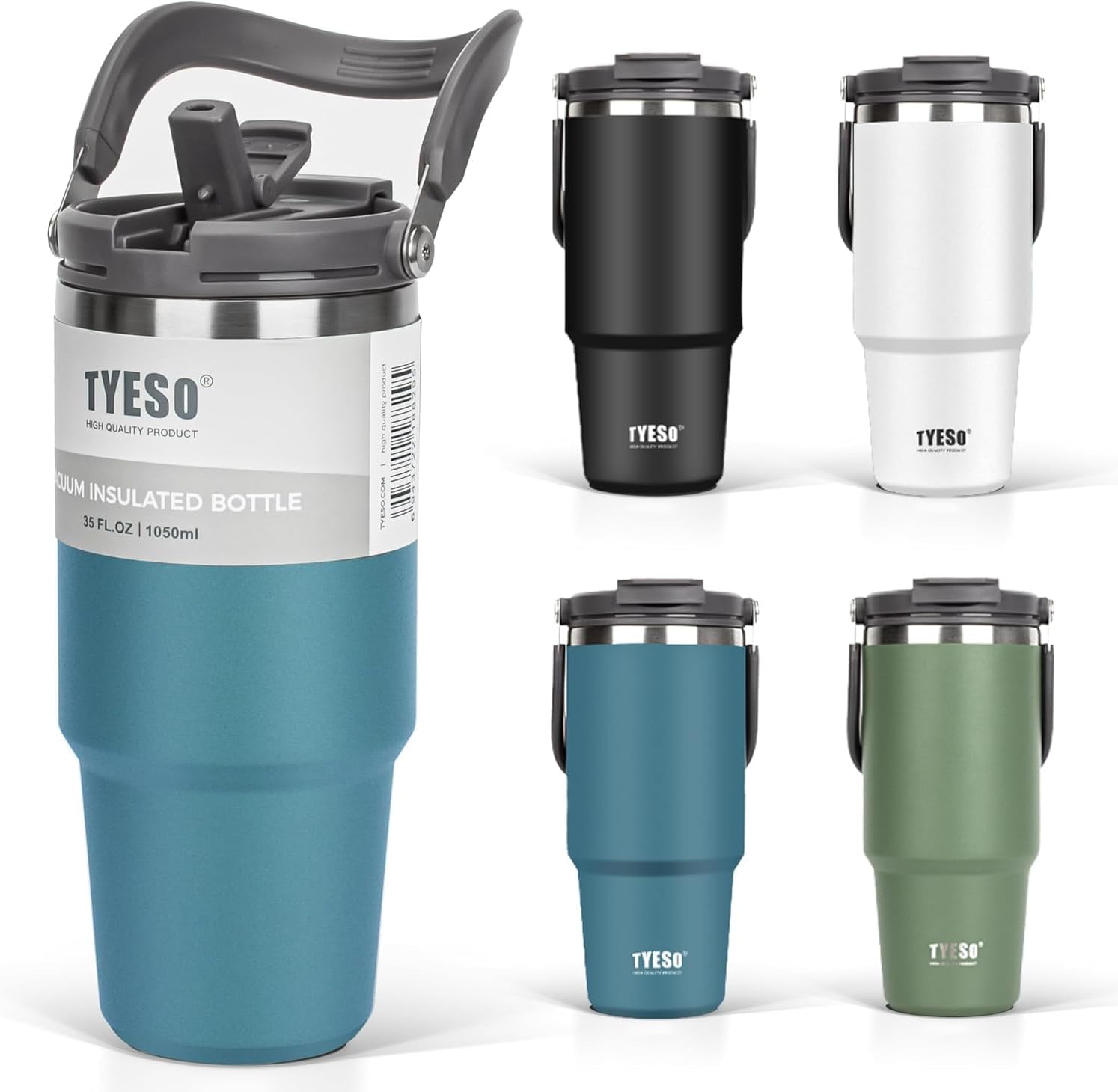 TYESO Tumbler with Handle,Tumbler with Straw, Vacuum Insulated Water Bottle,Double Wall Stainless Steel Coffee Cup Travel Mug Leak Proof Flip (Blue, 40 oz)