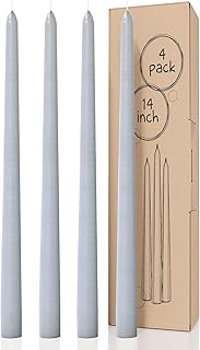 CANDWAX Light Gray Taper Candles 14 inch Dripless - Set of 4 Tapered Candles - Smokeless and Unscented Tall Candlesticks