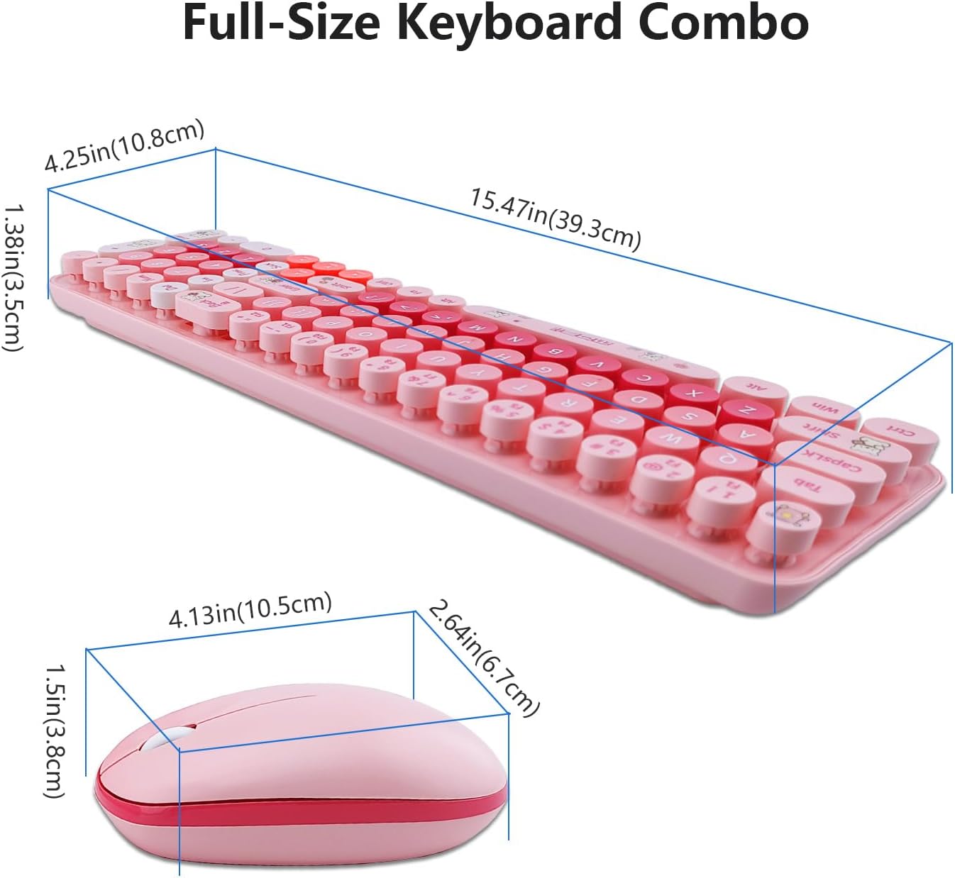 Wireless Keyboard and Mouse Combo, Retro Typewriter Style Keyboard with Round Keycaps, 2.4GHz Dropout-Free Connection Mouse with,Computer PC Desktops Laptop WindowsxP/7/8/10 (Pink)