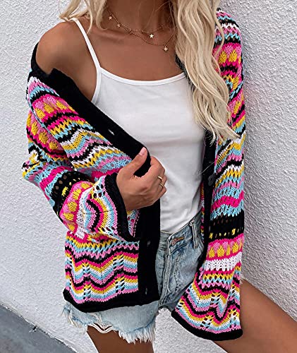 Image of xxxiticat Women's Rainbow Knitted Cardigan Sweater Long Sleeve Multicolor Striped Sweater Jumpers Open Front Jacket