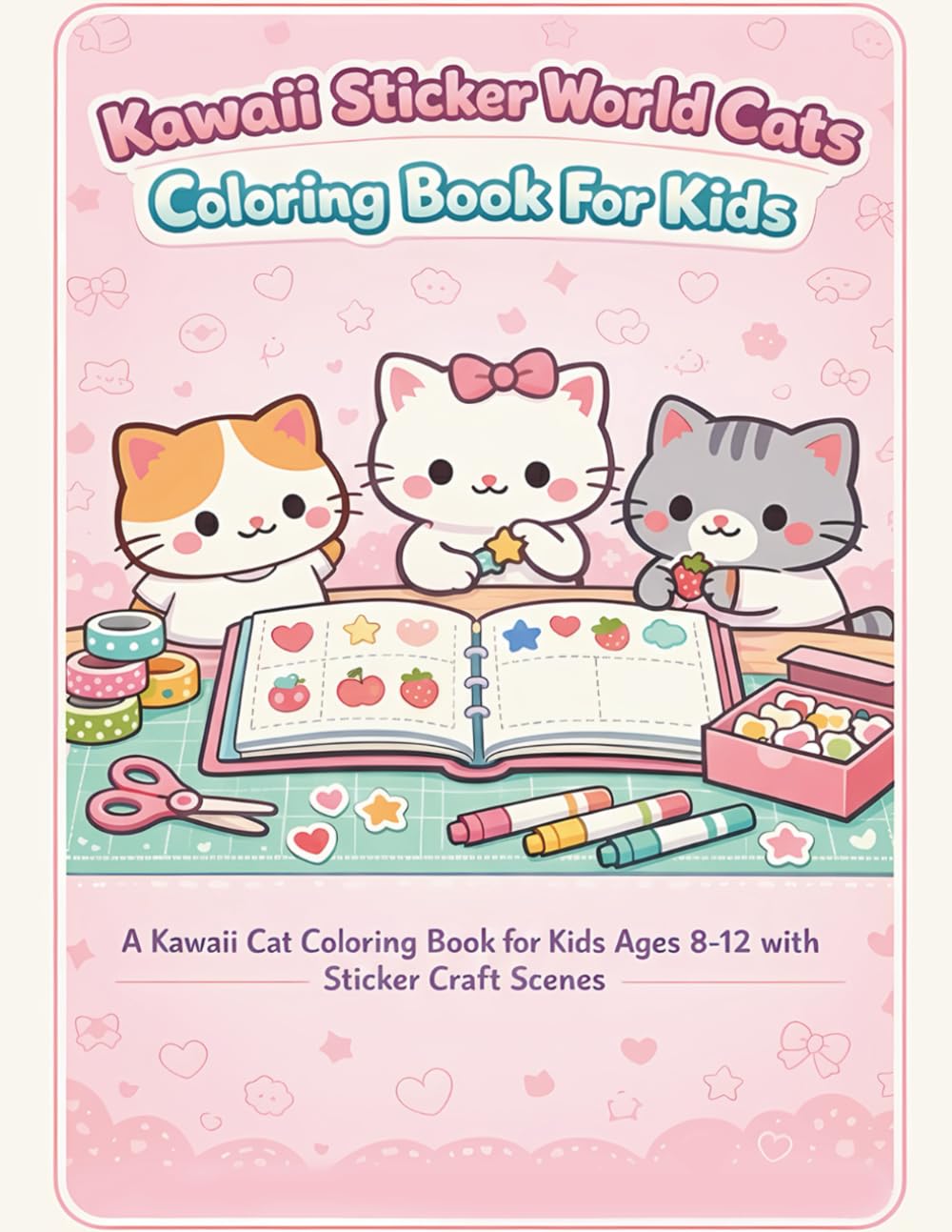 Kawaii Sticker World Cats Coloring Book For Kids: A Kawaii Cat Coloring Book for Kids Ages 8-12 with Sticker Craft Scenes
