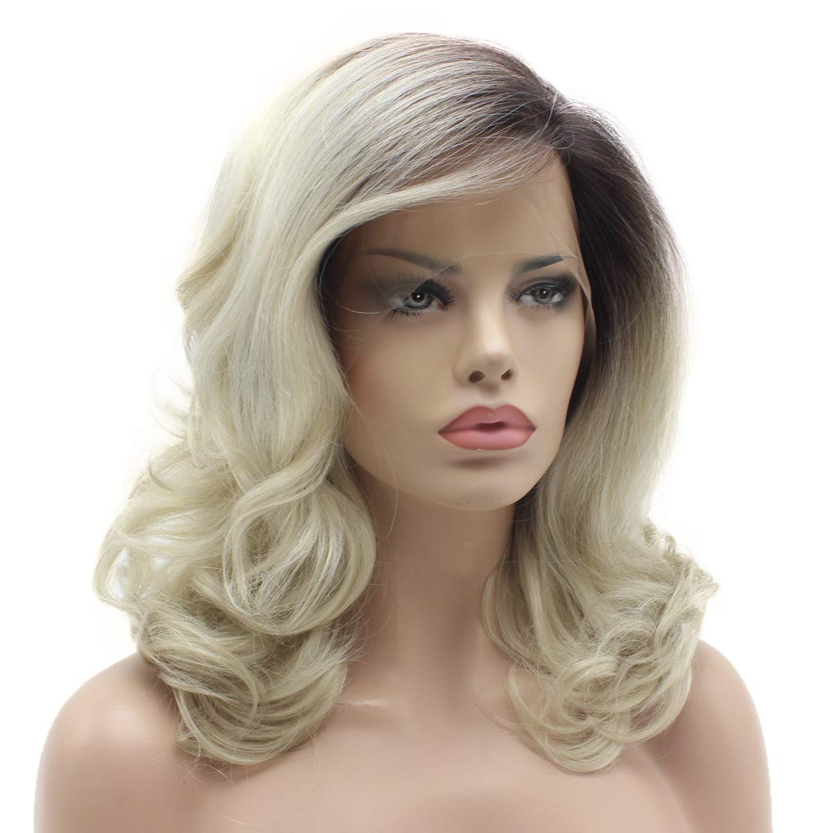 Lushy Hair 16inch Wavy Dark Root Light Blonde Ombre Heat Resistant Heavy Density Realistic Synthetic Lace Front Stylish Wigs