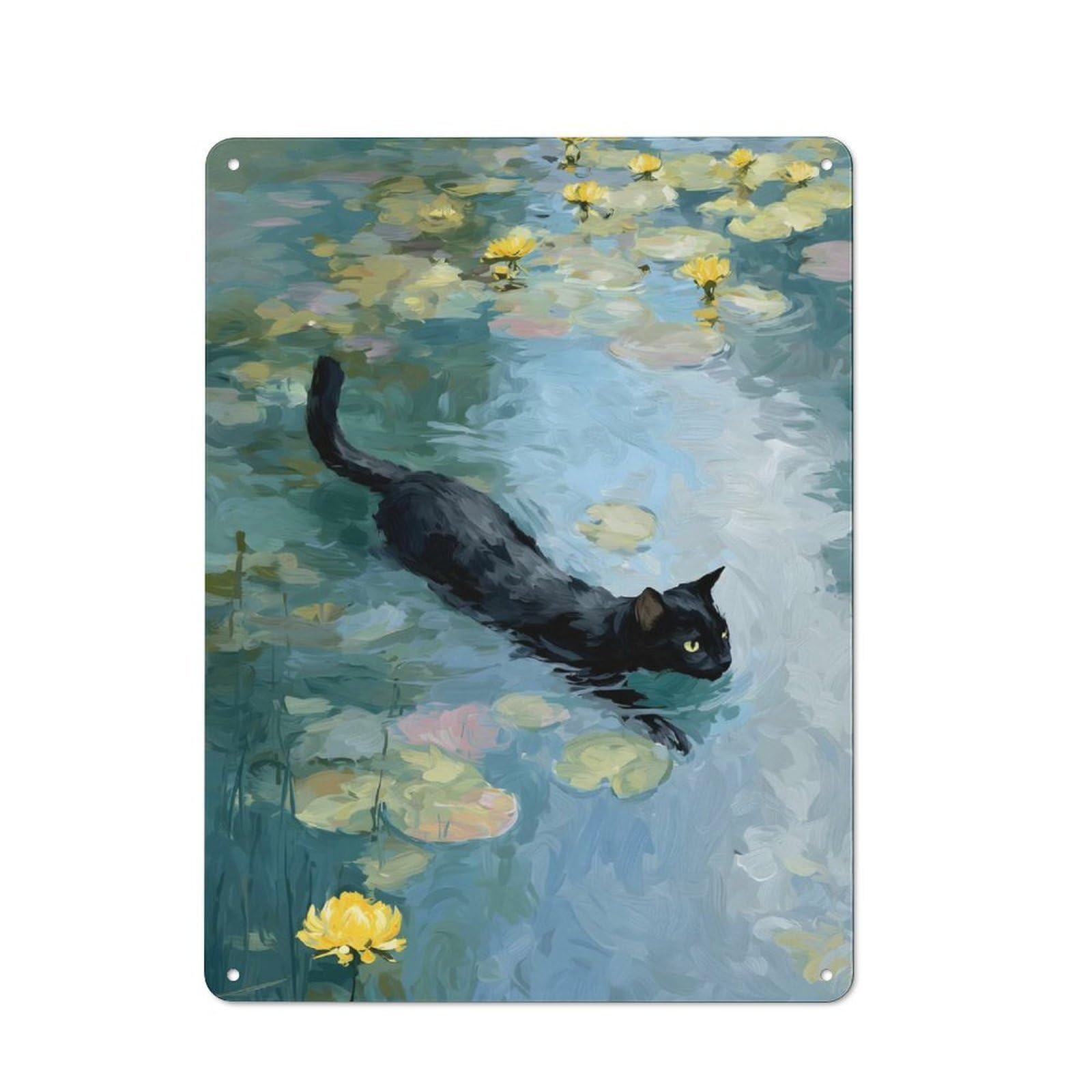 Junmoney Cat Swimming In Lily Pond Rustic Metal Sign 40X30cm Featuring For Hallway Wall, A Decorative Gift For A Newly Furnished Hallway