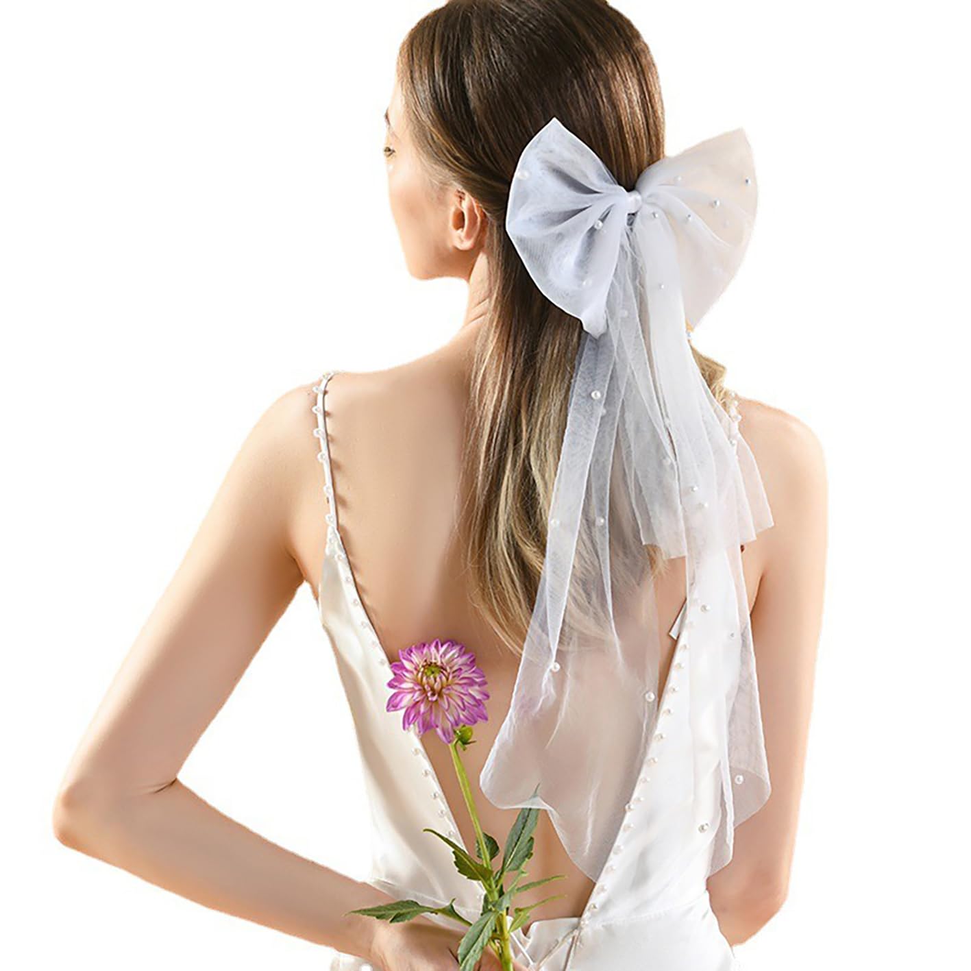 DelphinusBridal Hair Bow Veil with White Pearls, Short Wedding Veil for Bachelorette Party and Hair Accessories for Women and Girls