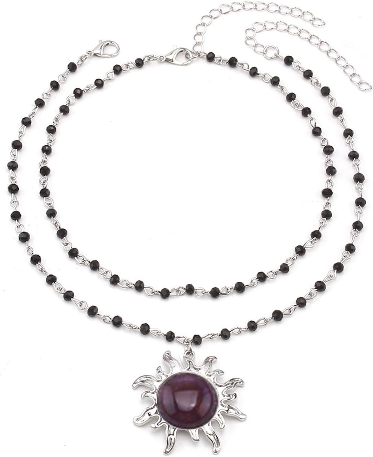 PINK TOWN Gothic Layered Black Necklace,Punk Style Sun Moon Pendant Necklace Boho Black Crystal Bead Choker Goth Y2k Aesthetic Hiphop Sun Necklaces Halloween Jewelry Costume