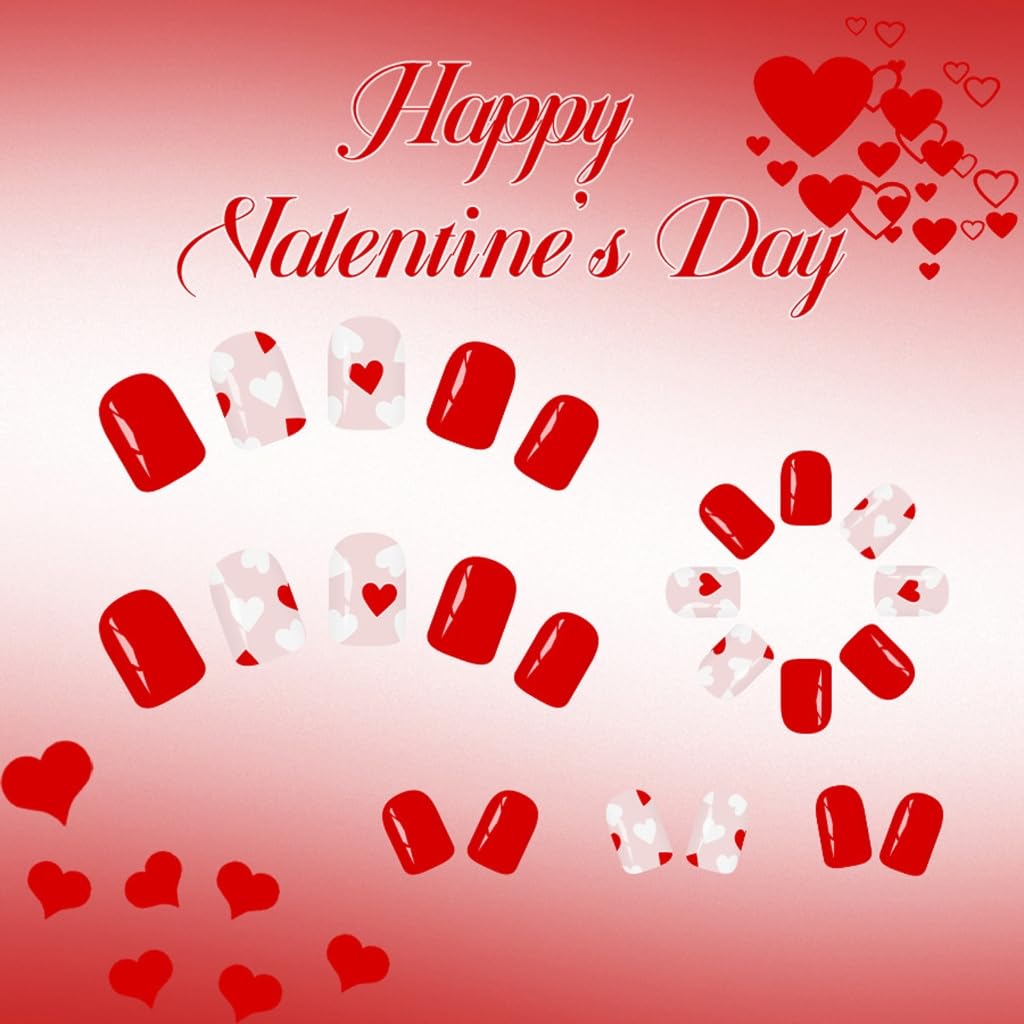 24Pcs Valentine Glossy Short Square Fake Nails With Red White Hearts Design