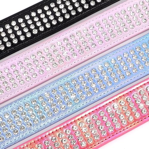 Beirui Bling Rhinestone Dog Collar with Diamonds Studded - Colorful PU Leather Padded 1.5 Inch Wide - Heavy Duty Bedazzled Dog Collar for Medium Large Dogs,19-24\",Hot Pink - Thumbnail 2